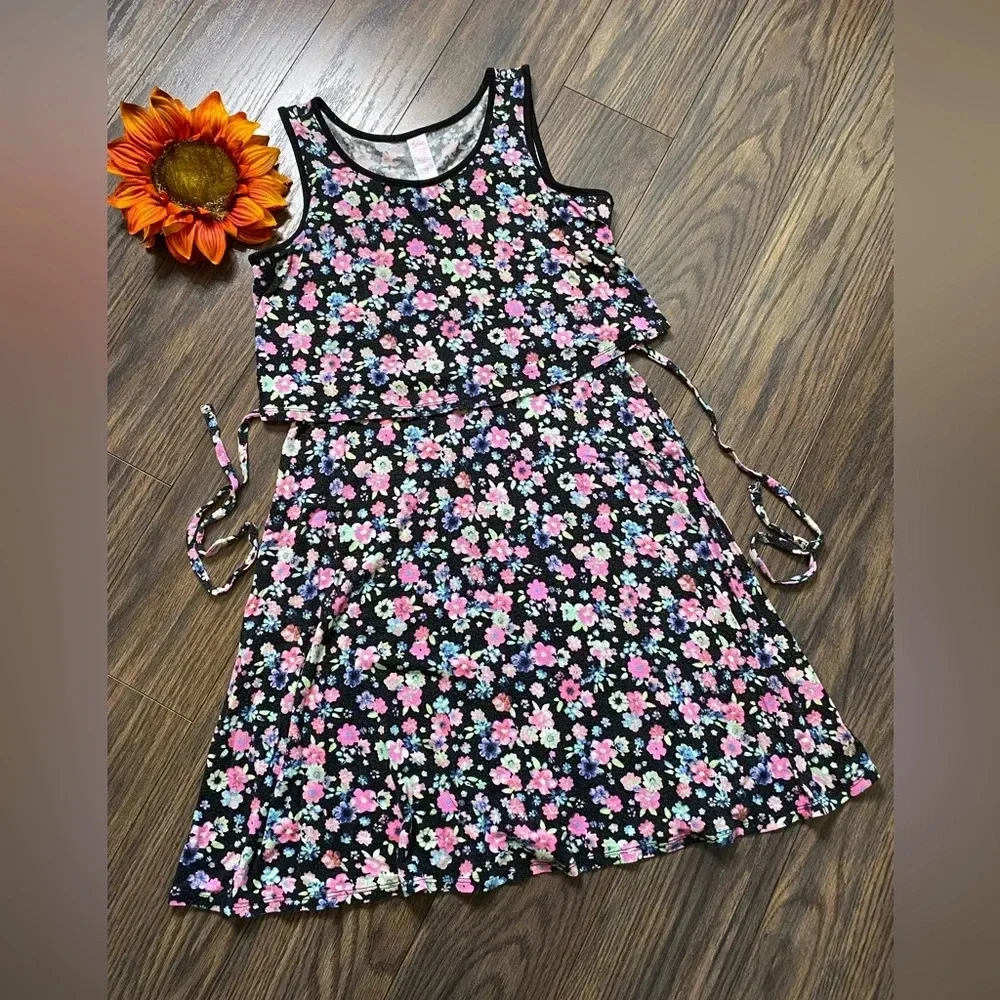 🌻5/$25🌻JUSTICE Black Flowered Dress with Back Tie | 12 |